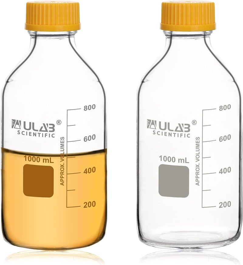 ULAB Round Media Storage Bottle, Vol.1000ml(33.8oz) 3.3 Borosilicate Glass Bottles with GL45 Screw Cap, Pack of 2, URB1040 - Image 1